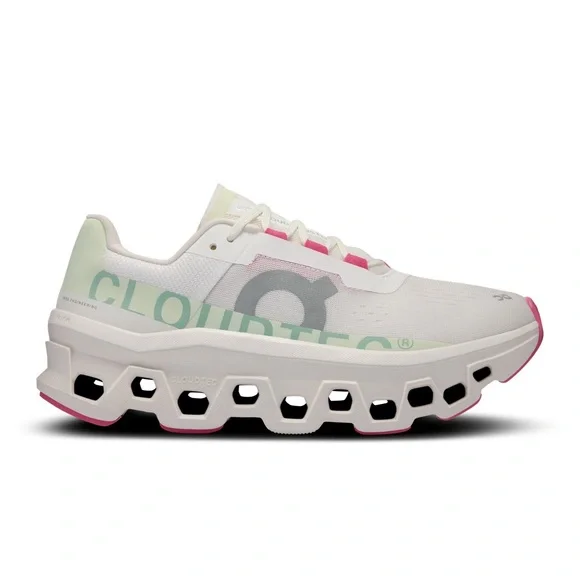 On Running Cloudmonster Women's White and Pink Running Shoes - Picture 1 of 3